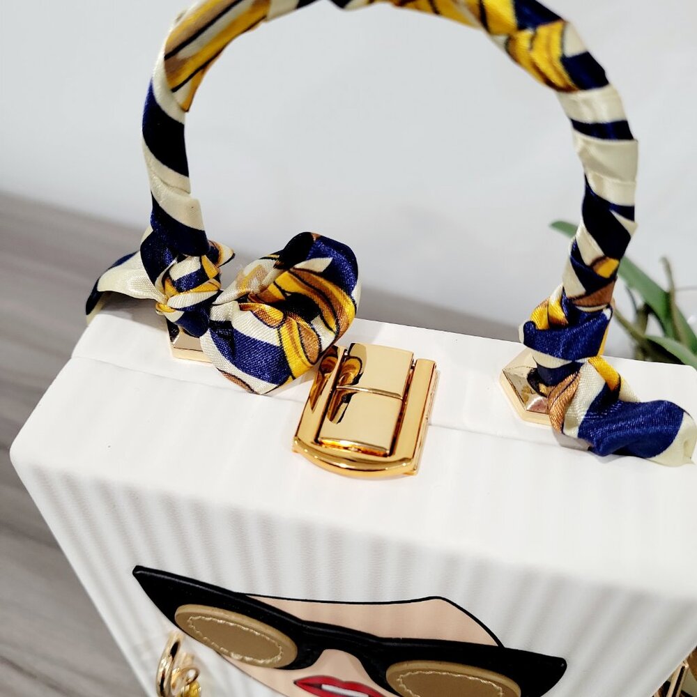 Fashion Lady Face Trendy Box Handbag for Women w/Pearl Earrings, Scarf Handle - Picture 11 of 16